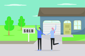 Happy couple wearing face mask and holding hands together in front of sold house. Real estate vector concept