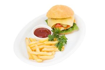 Restaurant service concept. Appetizing hamburger with French fries. Isolated.