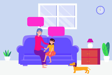 Quality time vector concept: Little girl and grandmother enjoying quality time together while talking at home