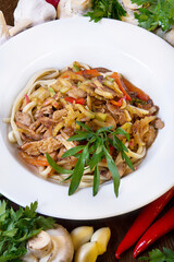 Restaurant service concept. Noodles with pork and mushroom stew. Still life.