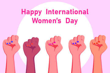 Women's day vector concept: Hands of women in international women day with colorful nail polish
