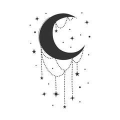 Modern symbol of the crescent moon with decorations, stylized drawing, engraving. Vector illustration isolated on white. Vintage mystical design in boho style, logo, tattoo © Salomi art