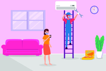 Technician in face mask repairing air conditioner at home. Technician vector concept