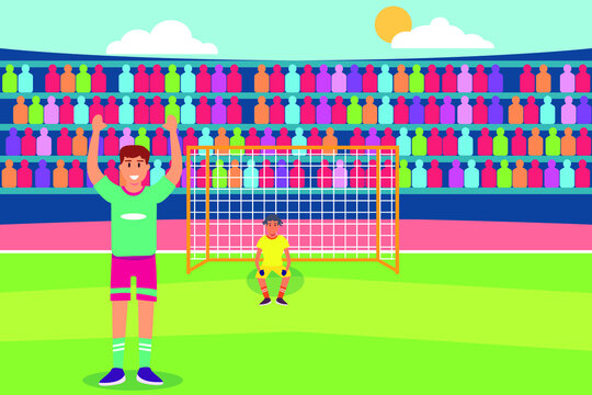 Competition vector concept: Two players football ready to catch the ball while standing in the stadium