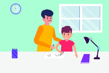 Parenthood vector concept: Young father and little son drawing together at home while enjoying leisure time