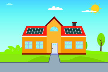Naklejka premium House using solar panel on the rooftop as the energy resource. Renewable energy vector concept