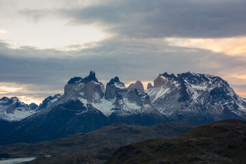 World famous mountain peaks, traveling in Torres del Paine National Park, Chile, South America. Beautiful natural scenery.