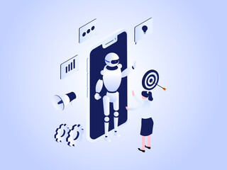 Robot giving business strategy information to a businesswoman through a mobile phone