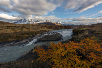 The waterfalls in Torres del Paine National Park, the most popular travel destination in Chile, South America.