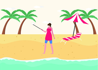 Summer holiday vector concept: Young woman wearing swimsuit while using a mobile phone to make vlog video on the beach