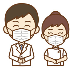 微笑む医者の男性と看護師の女性の正面向き上半身イラスト マスクあり