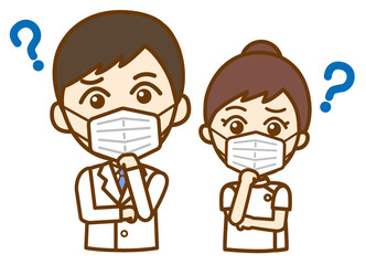 Okのジェスチャーをする医者の男性と看護師の女性の正面向き上半身イラスト マスクあり Wall Mural Murasaki