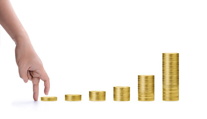 fingers hand step forward on stack of golden coins like a graph chart of profit on white background with text space. Business finance growing concept idea. Start Investment for future life concept.