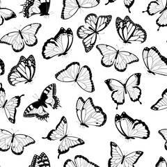 Black and white flying butterflies seamless pattern. Isolated on white background. Illustration.