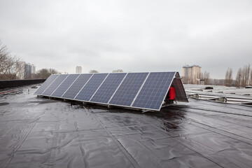 the solar panels on the roof on a raining day