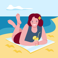 Lying girl with fruit cocktail, juice, lemonade on the sea beach. Relax on the sandy beach, vacation. Vector illustration in flat cartoon style.