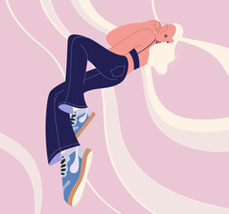 Cartoon style. Delicate vector illustration for female business, the image of a female figure. A beautiful, slender girl in jeans and sneakers, natural beauty and youth.