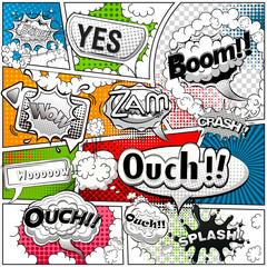 Comic book page divided by lines with black and white speech bubbles, sounds effect. Retro background Mock-up. Comics template. Illustration