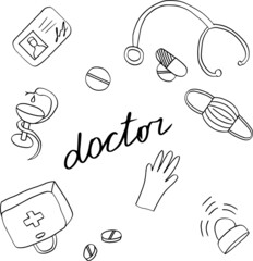Vector doodle set of icons on medical topics about doctors, health, treatment and assistance.