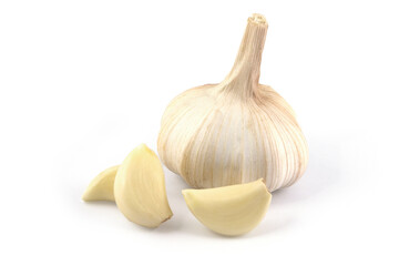 Garlic isolated on a white background. Open the cloves of garlic.