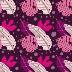 Naklejka premium Abstract seamless pattern with tropical Purple leaves. Hand draw texture.