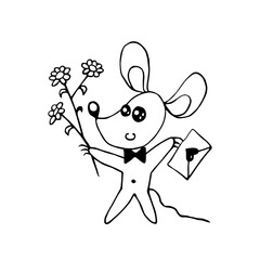 Vector cute contour little mouse with love letter and bouquet of flowers. Hand drawn doodle. Simple design element for greeting card, Valentine's day, birthday, coloring book