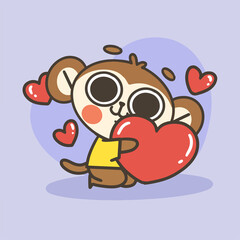 cute little monkey hugging big heart doodle illustration