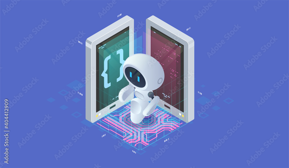 Poster isometric artificial intelligence. neuronet or ai technology background with small robot. chat bot c