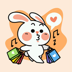 Fototapeta premium funny bunny enjoying shopping character doodle illustration