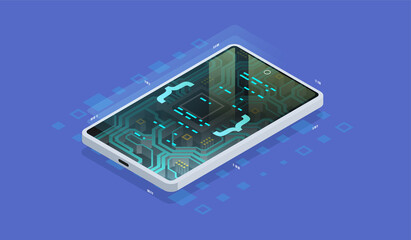 Quantum phone, big data processing, database concept. Digital chip, Modern hardware of smartphone, Isometric illustration.