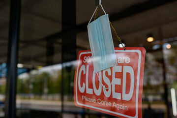 Restaurants and cafes closed due to coronavirus or COVID-19 Photo of protective masks during COVID-19 outbreak