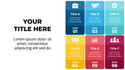 Squares vector colorful Infographic. 6 steps, options. Presentation slide template. Banners timeline. Data visualization.