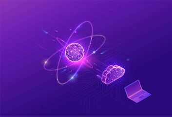 Quantum computer futuristic processor, chip with network, isometric vector illustration, glowing purple design, innovation cloud computing technology