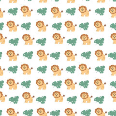 Seamless pattern with cute lions. Decorative wallpaper for the nursery in vector, suitable for children's clothing, interior design, packaging, printing.