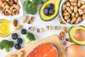 Top view of keto or ketogenic diet on white wooden background, low carb eating with high protein and good fat source
