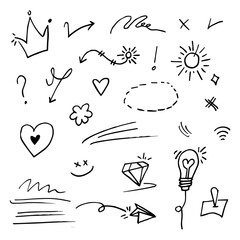 Doodle vector set illustration with hand draw line art style vector. Crown, king, sun, arrow, heart, love, star, swirl, swoops, emphasis, for concept design