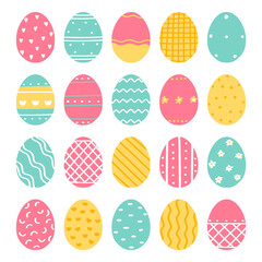 Set of cute decorated Easter eggs isolated on white background. Vector illustration in the style of hand drawn flat.