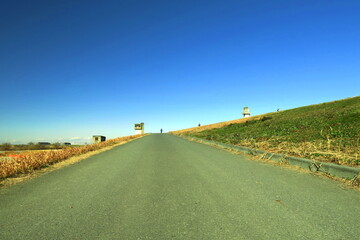 冬の江戸川土手の坂道風景
