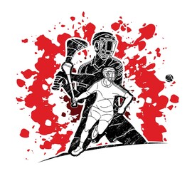 Group of Hurling sport players action. Irish Hurley sport cartoon graphic vector.