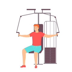 Young man does exercise on a butterfly sports simulator. Work on the pectoral muscles. Healthy lifestyle. Vector illustration in hand drawn flat style.