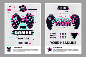 Video game posters set. Gamer competition banners template. Glitch style graphic with console gamepad. Vector flyer template for cyber battle.