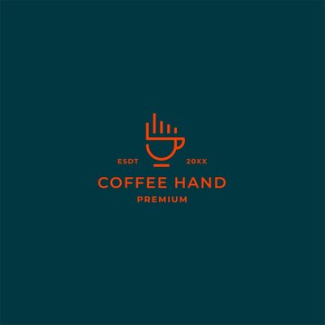 Simple line coffee logo with hand fingers ans coffee cup design concept for cafe, bar, restaurant and co working space business