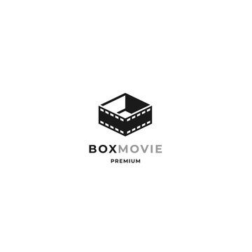 Movie box logo with film strip and open box design concept and minimalist style for movie, film, cinema and digital cinematography business