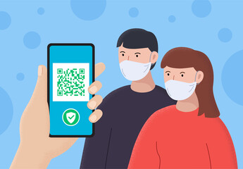 Hand with mobile phone scanning qr code. Check the health of masked people. Vector illustration.