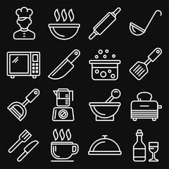 Cooking and Kitchen Icons Set on Black Background. Line Style Vector