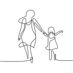 One single line drawing of young happy mom holding her daughter. A mother playing together with her child at home isolated on white background. Family parenthood concept. Vector illustration