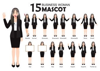 Obraz premium 15 Business Woman Mascot in Black Suit, cartoon character style poses set vector illustration