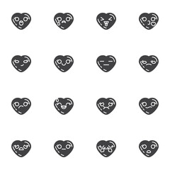 Valentines day emoji vector icons set, modern solid symbol collection, filled style pictogram pack. Signs, logo illustration. Set includes icons as heart shape emoticons, romantic love chat emoji