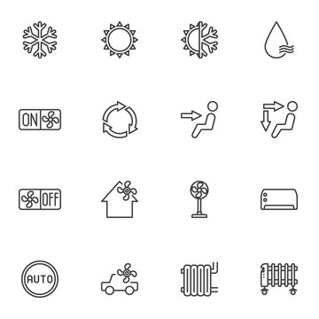 Air conditioning system line icons set, outline vector symbol collection, linear style pictogram pack. Signs logo illustration. Set includes icons as fan power switch, air conditioner, electric heater
