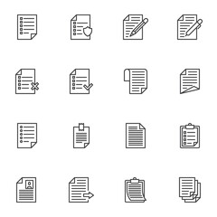 Paper document line icons set, outline vector symbol collection, linear style pictogram pack. Signs, logo illustration. Set includes icons as report, wish list, cv resume, paper clipboard, task list